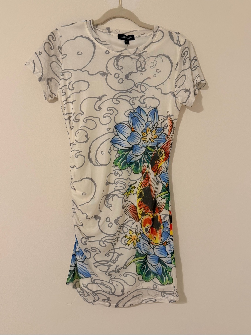 Ed Hardy White Women Dress with Multicolor Koi & Lotus Print NWT Size Medium